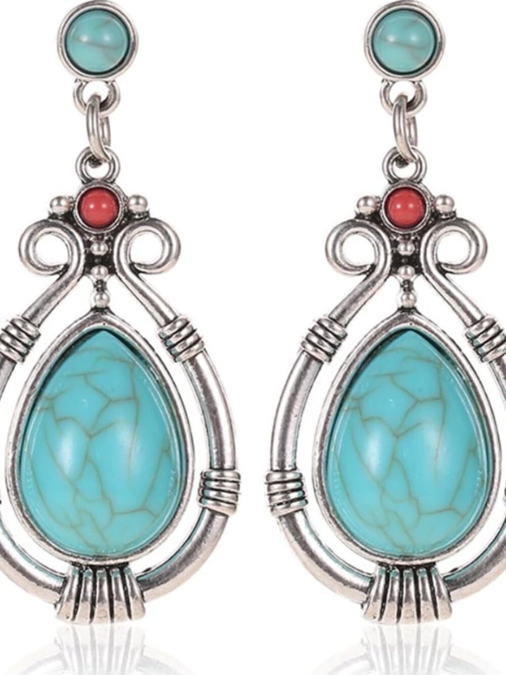 Boho Oval Stone Turquoise Red Drop Silver Earrings